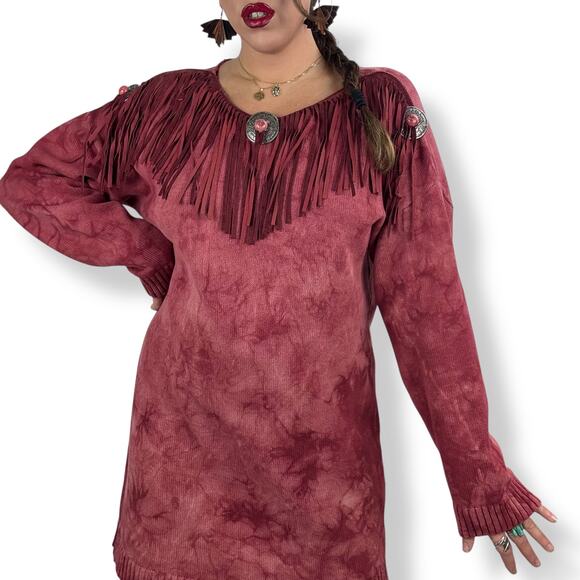 Vintage cowgirl western red cotton tie-dyed fringe sweater dress - Picture 13 of 14